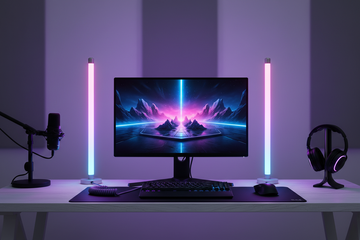 des lumiere en baton de couleur pour mettre sur un bureau de chaque coter d'un écran